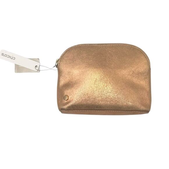 Chico's NWT Rose Gold Structured Shine Leather Pouch Cosmetic Bag Travel Case - Picture 2 of 13